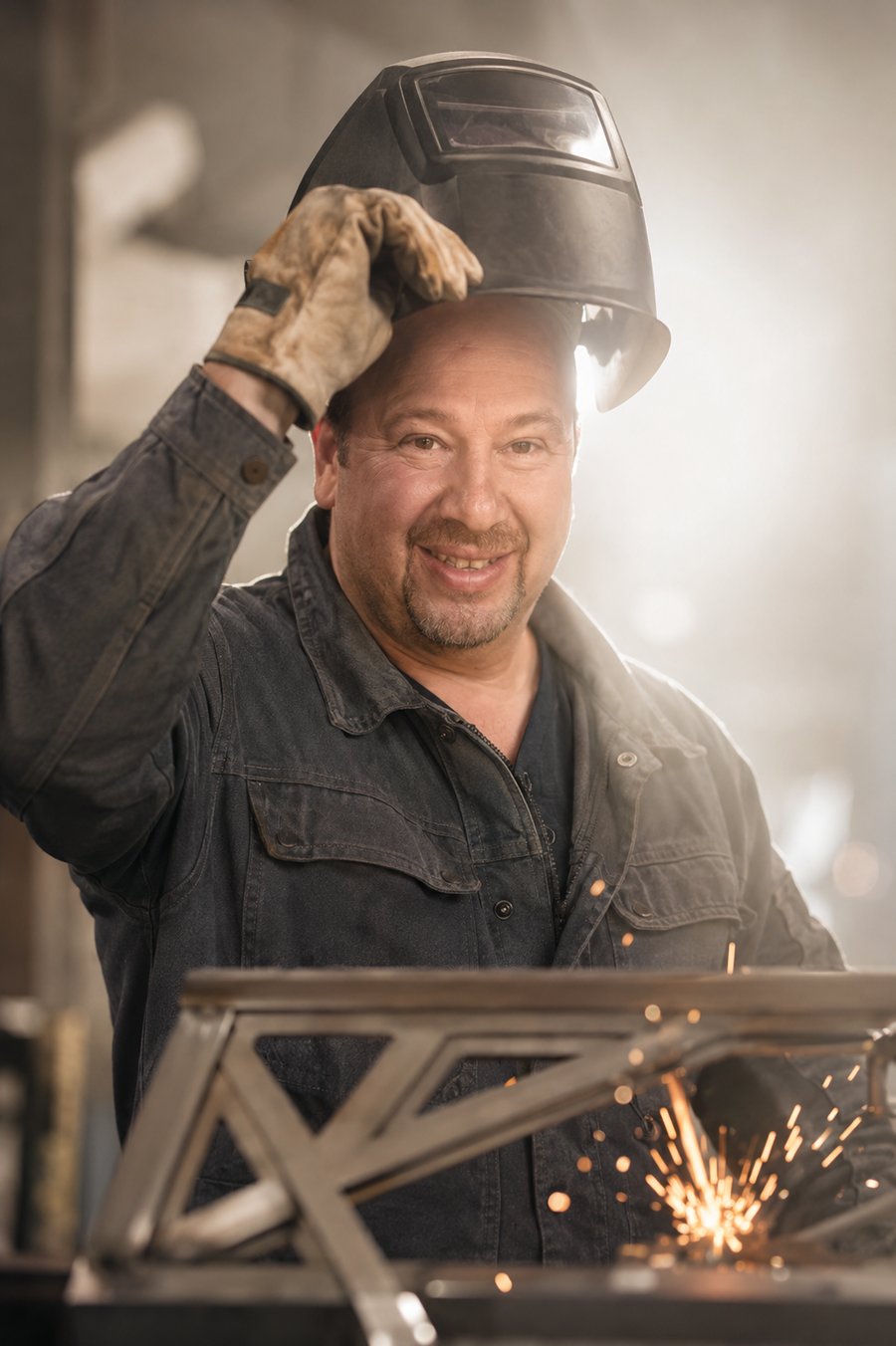 Ralf Haberbosch mit Schweißerhelm in der Werkstatt, im Hintergrund Funkenflug beim Schweißen.